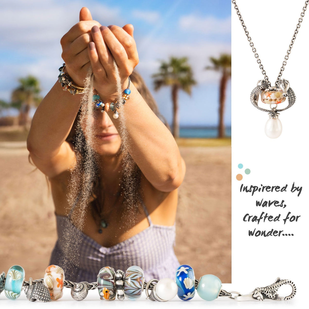Model with Tides of Treasure collection on beach. Necklace with Seahorses, beaded bracelet and quote